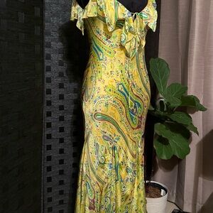 Ralph Lauren Black Label. Vintage. Yellow & green floral watercolor silk dress.